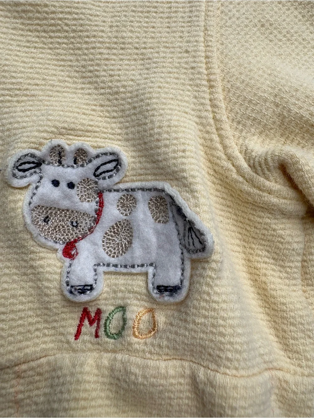 Vintage Yellow Baby Zip Up Sweater Size 6-9 Months Cow Appliqué Cottagecore
